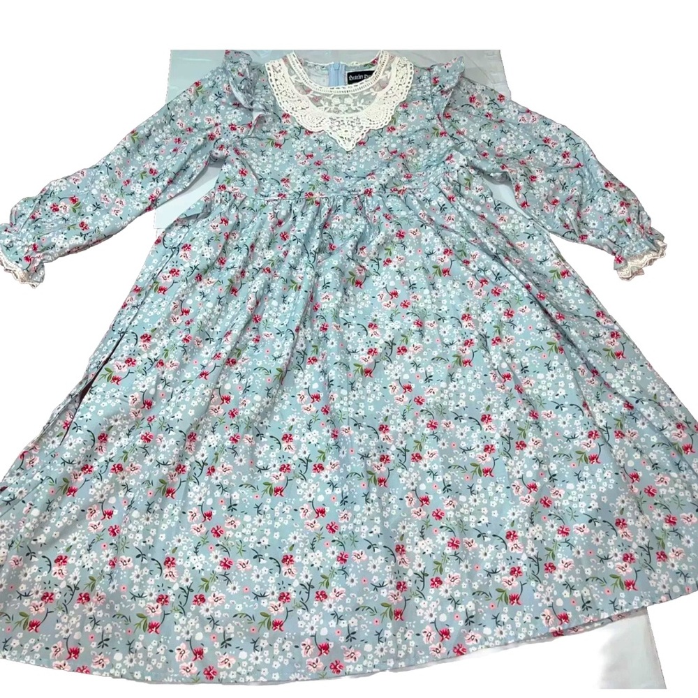 Scarlet Darkness BLUE Girls 8 Floral DRESS LACE Neck Ruffles Prairie Victorian 8